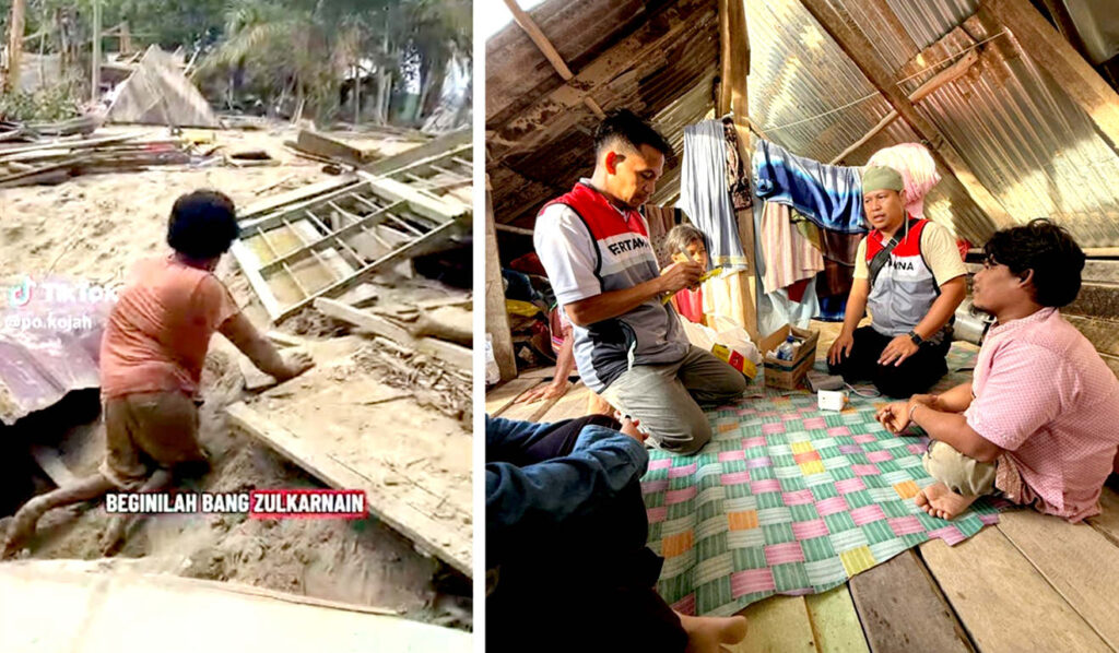 Zulkarnain, pemuda Kampung Sunting berusia 37 tahun dengan ketidaksempurnaan fisik, tetap bersemangat mencari yang masih bisa dimanfaatkan di sela puing-puing rumahnya yang sempat viral. (Foto: Dok RUZKA INDONESIA)