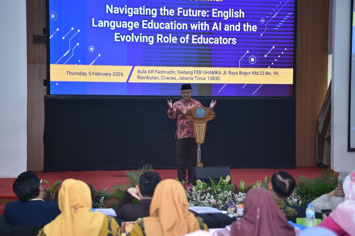 Menteri Pendidikan Dasar dan Menengah (Mendikdasmen) Abdul Mu’ti saat membuka seminar internasional bertajuk Navigating the Future: English Language Education with AI and the Evolving Role of Educators di Universitas Muhammadiyah Prof. Dr. HAMKA (UHAMKA), Jakarta, Kamis (5/2/2026).