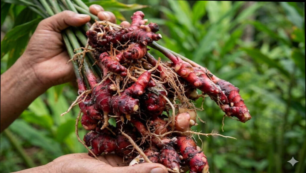 Petani lokal di Jawa Barat tengah memanen tanaman jahe merah varian Jahira yang banyak dibutuhkan industri farmasi herbal di Indonesia (Foto: CBMandala/Dok RUZKA INDONESIA)